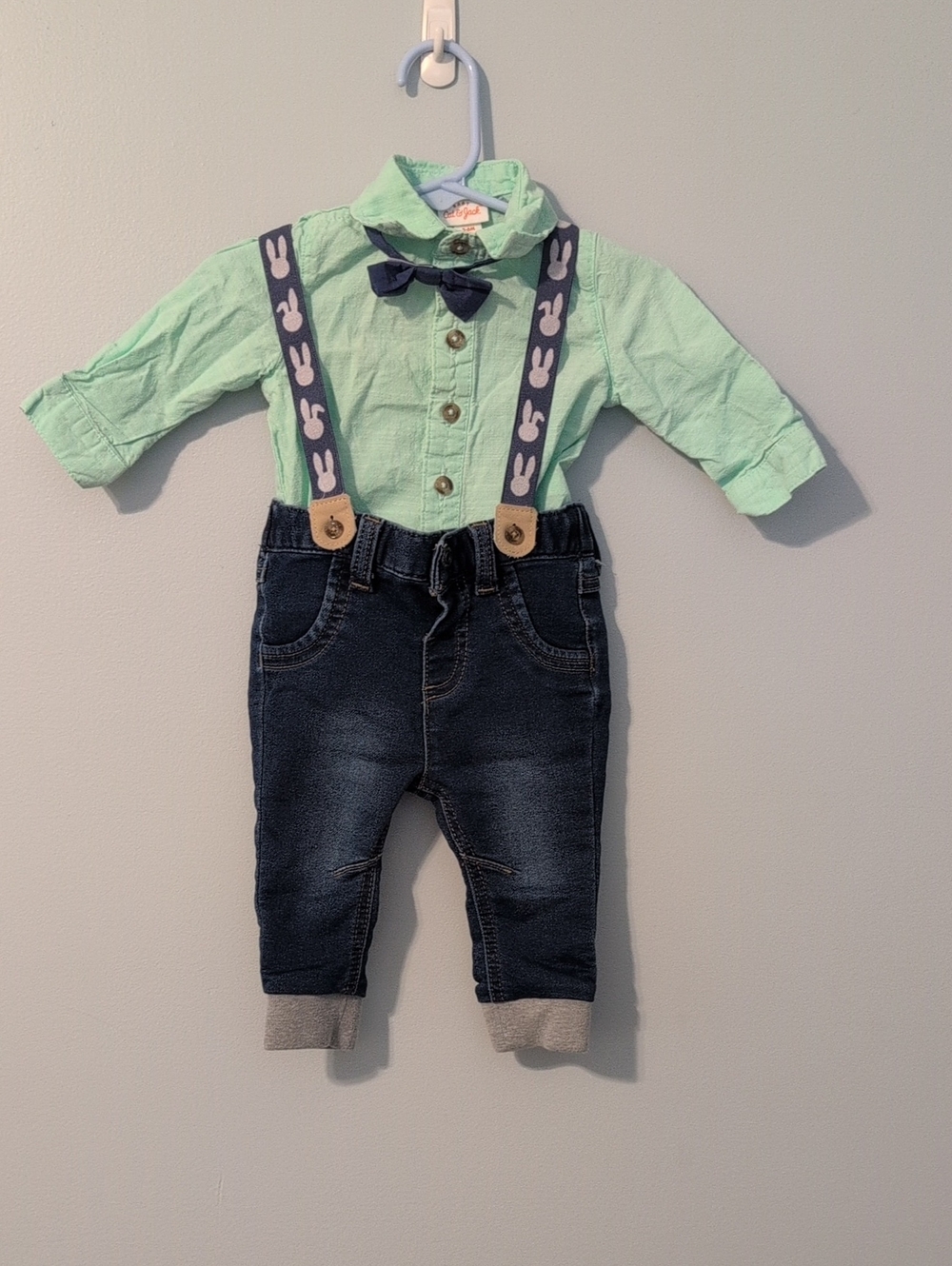 Cat & Jack Mint Green Shirt with Navy Denim Jeans and Bow Tie